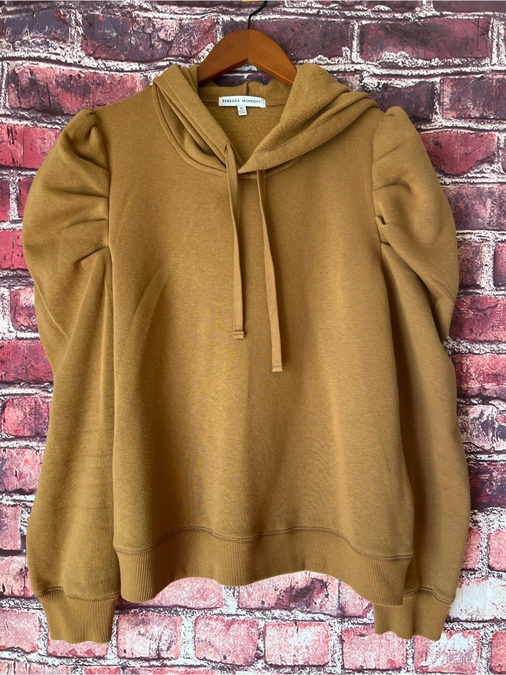 Rebecca Minkoff Puff Sleeve Hoodie Sweatshirt Camel Mustard Gold XL